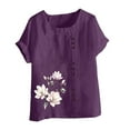 thumbnail image 4 of Olyvenn Cotton Linen Tops for Womens 2025 Crewneck Roll Up Short Sleeve Tshirt Trendy Floral Print Casual Loose Fitted Blouse Purple M, 4 of 4