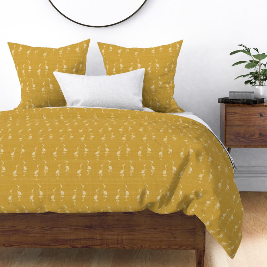 Birds Cranes Midcentury Mod Modern Gold Mustard Sateen Duvet Cover