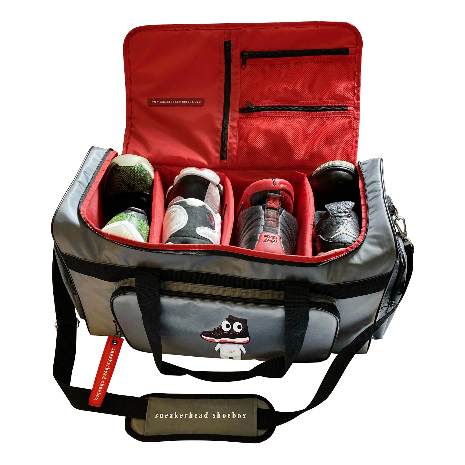 Sneakerhead Large Premium Shoe Bag & GYM, Travel Luggage Duffel Bag with 4 Adjustable Compartments for Sneakers, Clothing (Grey)