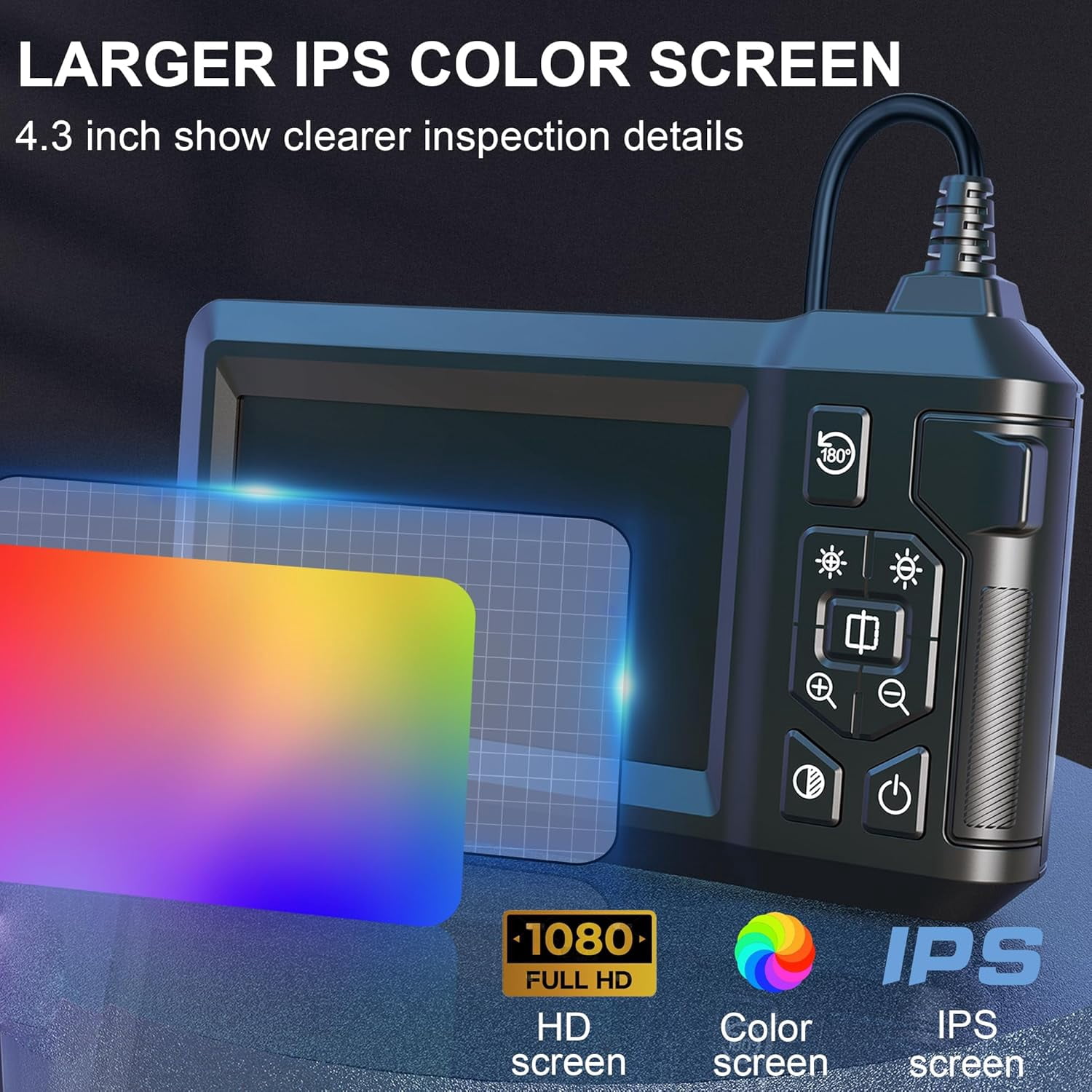 Binazon Endoscope Camera with Light, Borescope with 4.3" IPS Screen, 1920P HD, 8 LED Lights, 16.5FT Semi-Rigid Cord