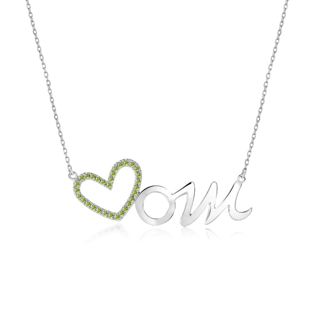 JeenMata Collar con Colgante de Corazón Abierto para Mamá con Piedra Verde Claro Decorada en Oro Blanco de 18 K sobre Plata - Piedra Natal de Agosto - Regalo para Mamá
