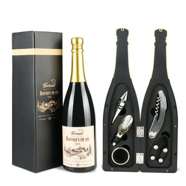 Tirrina Wine Opener Set  Corkscrew Opener Kit Seahorse Knife, Wine Stopper, Drip Stopper Ring, Decanter, Tin Knife in Novelty Champagne Bottle-Shaped  for Party Wedding Gift, Black
