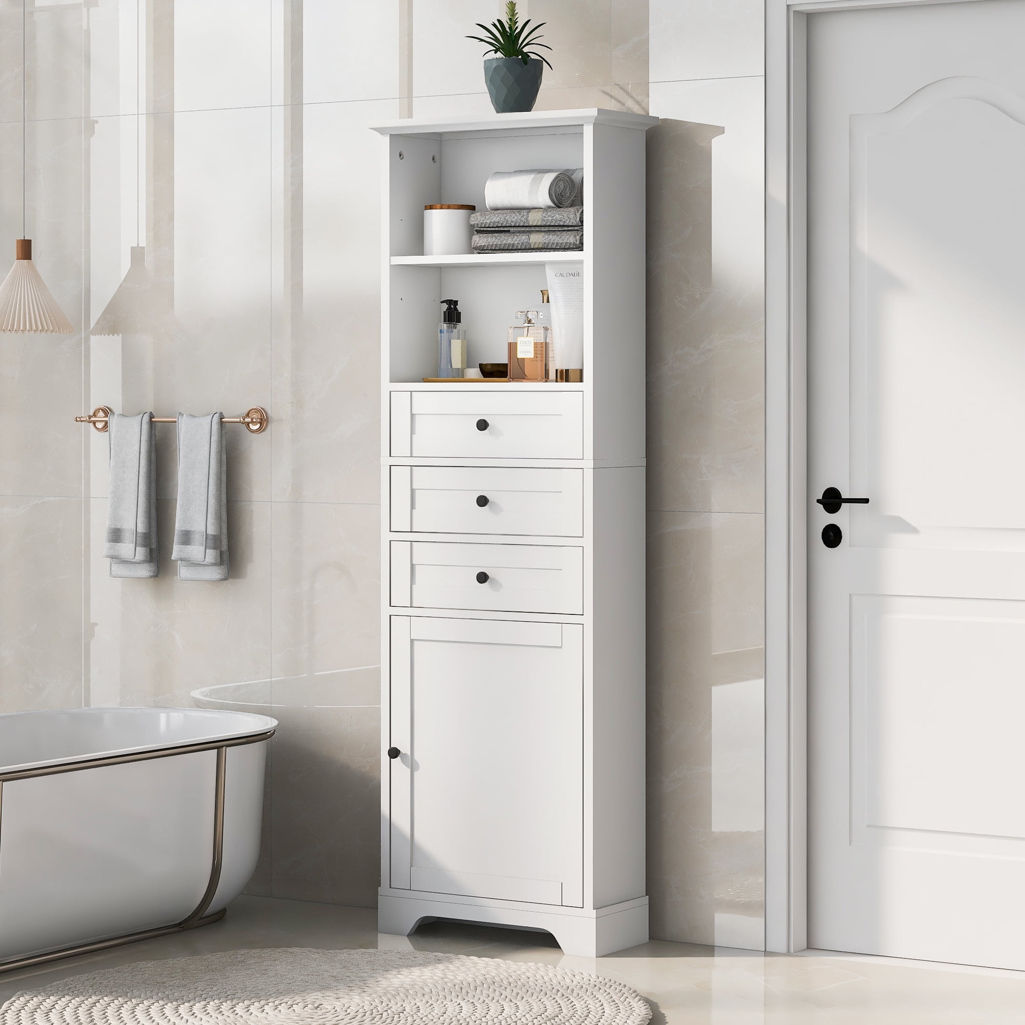 Aukfa 68''W Bathroom Cabinet with Drawers and Shelves,Freestanding Tall Storage Cabinet - White