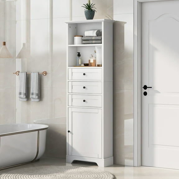 White Tall Storage Cabinet with 3 Drawers & Adjustable Shelves | Elegant MDF Wood | 22"W x 10"D x 67"H | Perfect for Bathroom, Study, Office, Living Room | Secure Anti-Tip