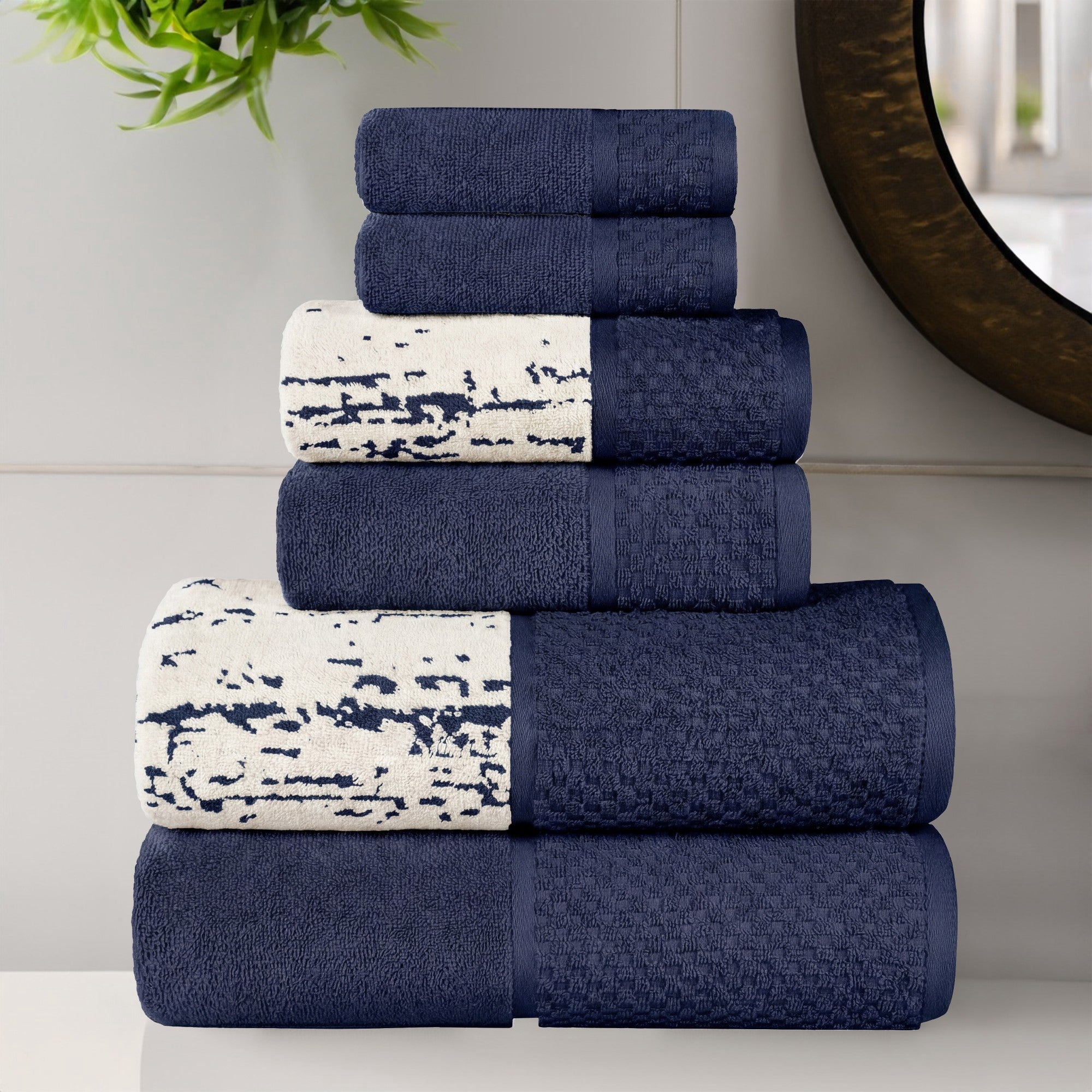 Superior Modern Cotton 6 Piece Bathroom Towel Set Mixed Pattern Solid, Navy Blue-Ivory