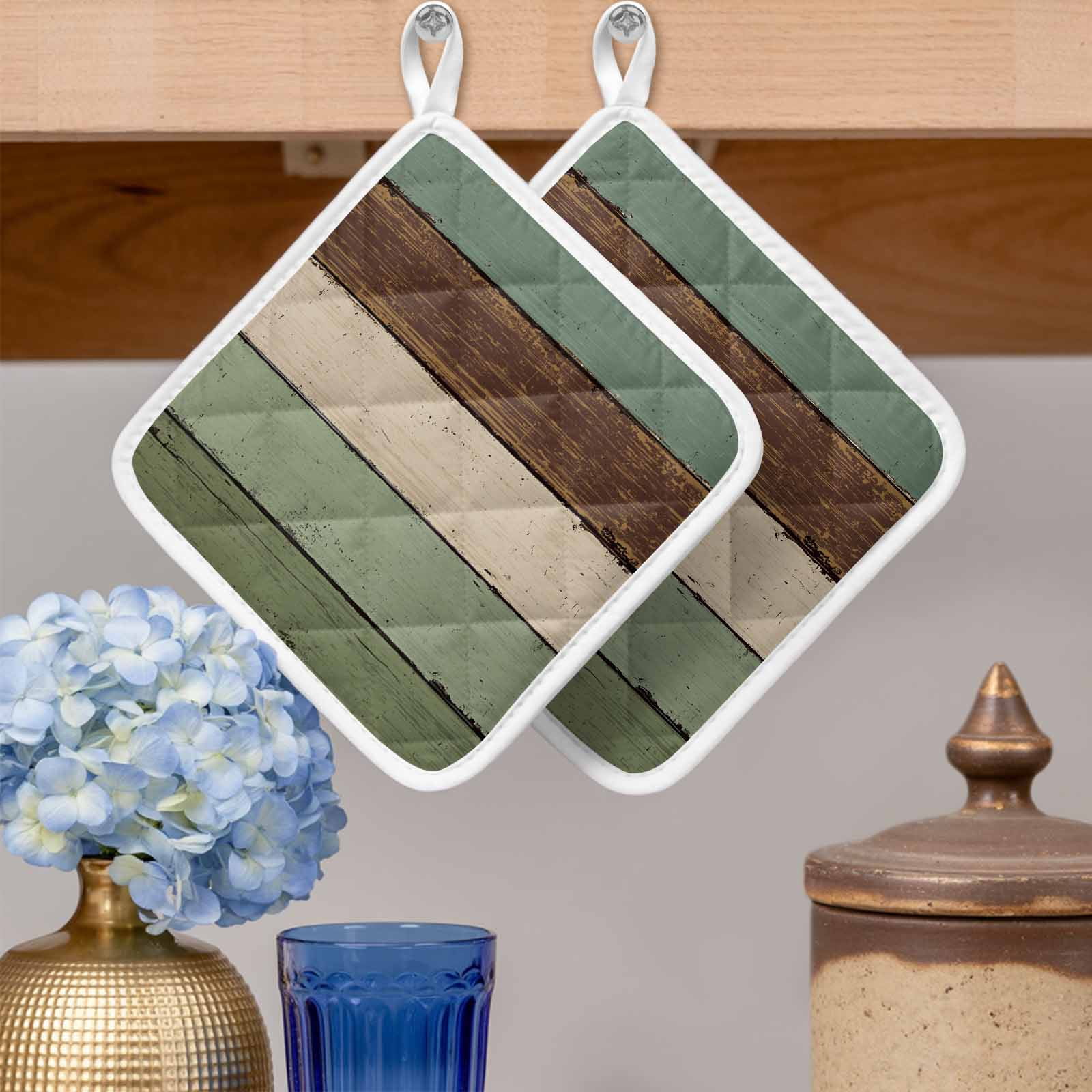Green Brown Pot Holders for Kitchen Heatproof Potholder, 3 Pack Country Wood Grain Abstract Stripe Hot Pads Multipurpose Oven Pads Cloth Potholders Trivet for Cooking Baking