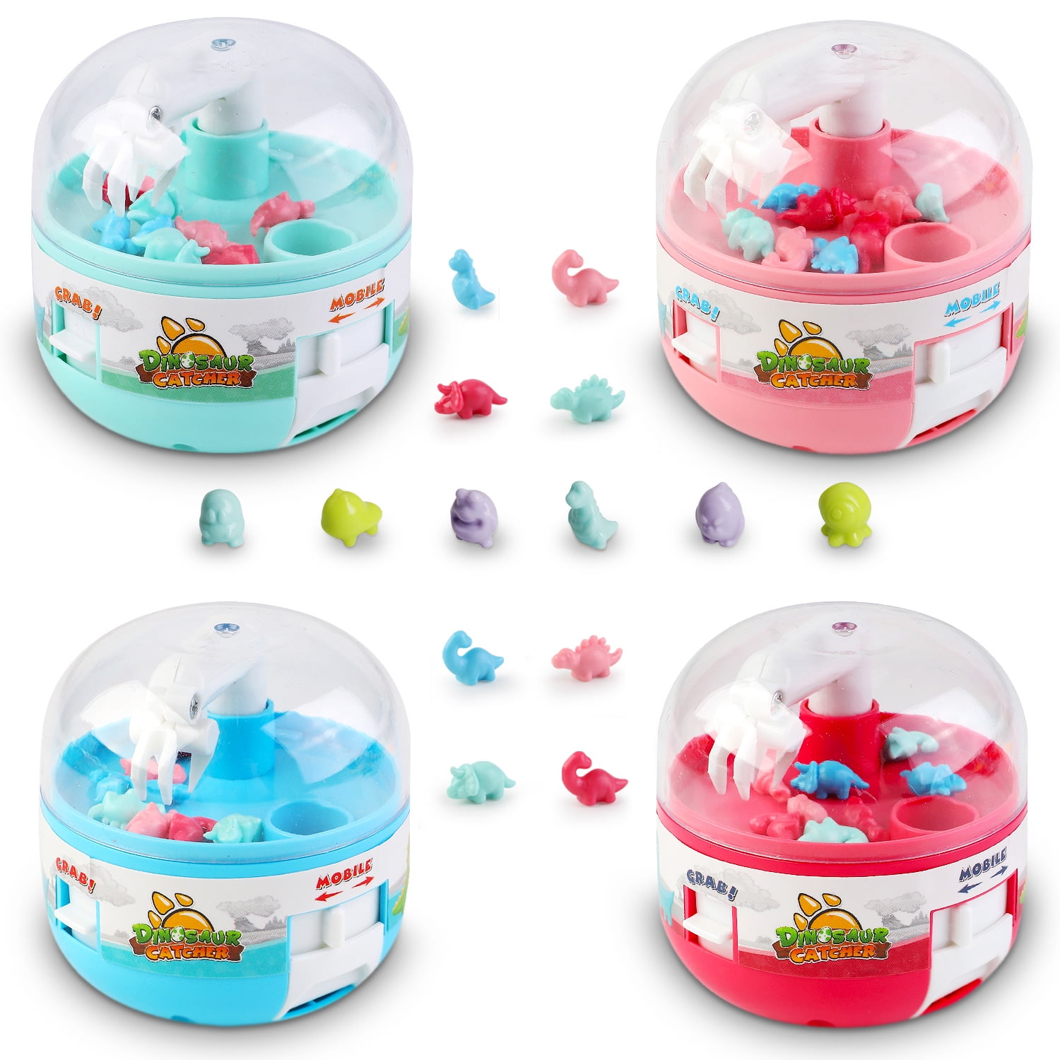 4PC Mini Claw Machine Toys for Kids Adults Green Pink Blue Red with Tiny Dinosaur Figures Claw