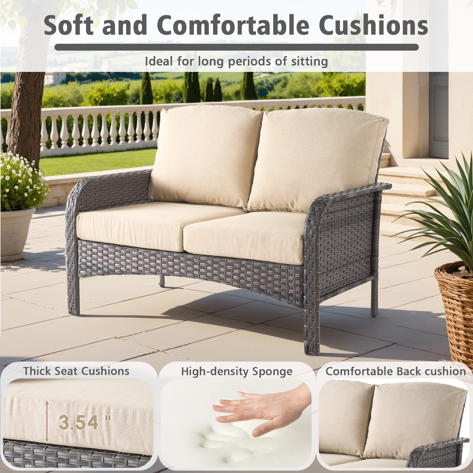 Ovios 4 Pieces Patio Furniture Outdoor Sectional Set Modern High Back All Weather Wicker Conversation Set with Coffee Table for Garden, Backyard, Beige