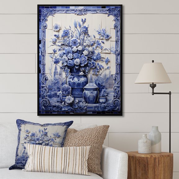 Designart "Boho Flower Pottery in Blue and White II" Geometric Framed Wall Art - Bohemian White Boho Pottery Hallway Framed Wall Art Decor