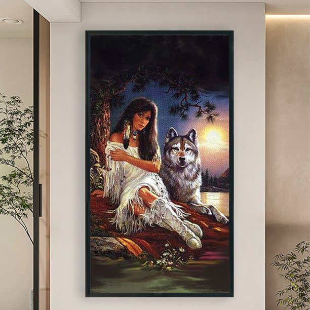 Cuadros Decorativos Pintura de diamante 5D DIY Taladro redondo completo Chica Lobo Decoración del hogar Artesanía (QQ756) DQrwqpou embutido en tela