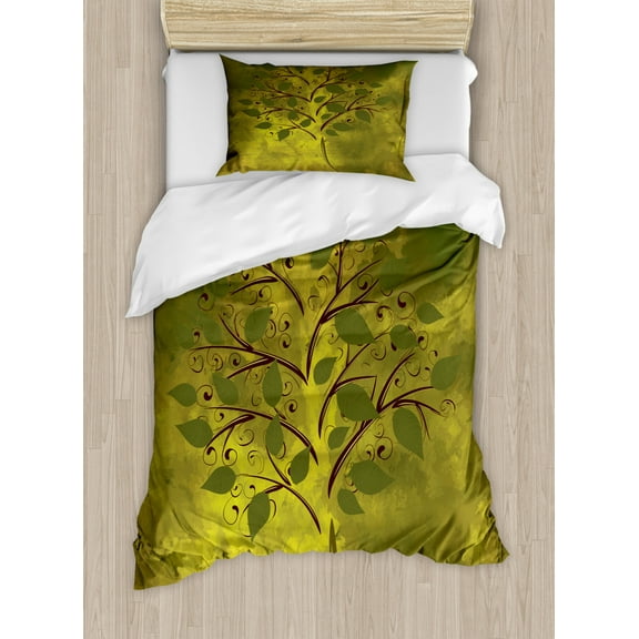 Tree Twin Size Duvet Cover Set, Abstract Illustration of a Tiny Tree with Lobed Leaves, Decorative 2 Piece Bedding Set with 1 Pillow Sham, Chesnut Brown Pale Green and Olive Green, by Ambesonne