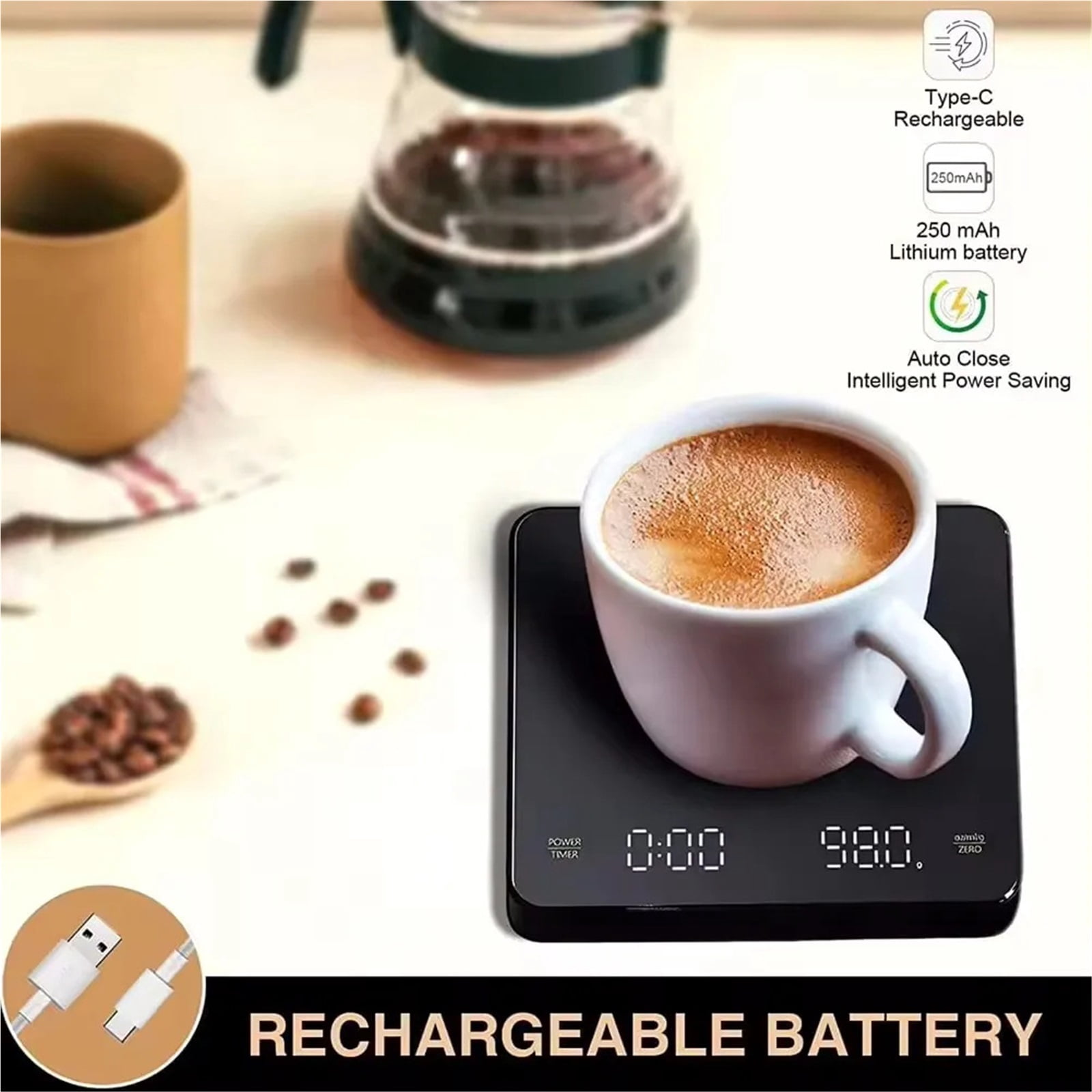 USB Digital Rechargeable Coffee Scale with Timer LED Screen Espresso  0.1g to 3kg High Accuracy Measuring Kitchen Scale