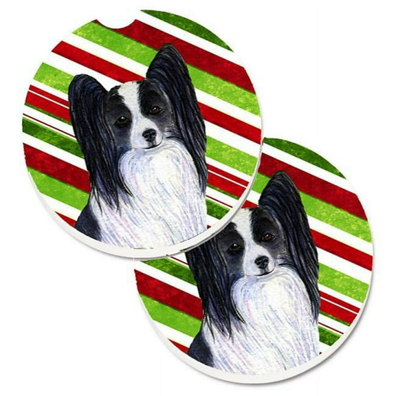 Papillon Candy Cane Holiday Christmas Set of 2 Cup Holder Car Coaster