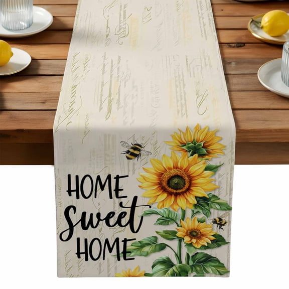 Sunflower Cotton Linen Table Runner for Dining Kitchen, Summer Botanical Bee Farmhouse Watercolor Wedding Outdoor Party Tablerunners Decoration, Dresser Scarf Coffee Tablecloth Runners 13x60 Inches