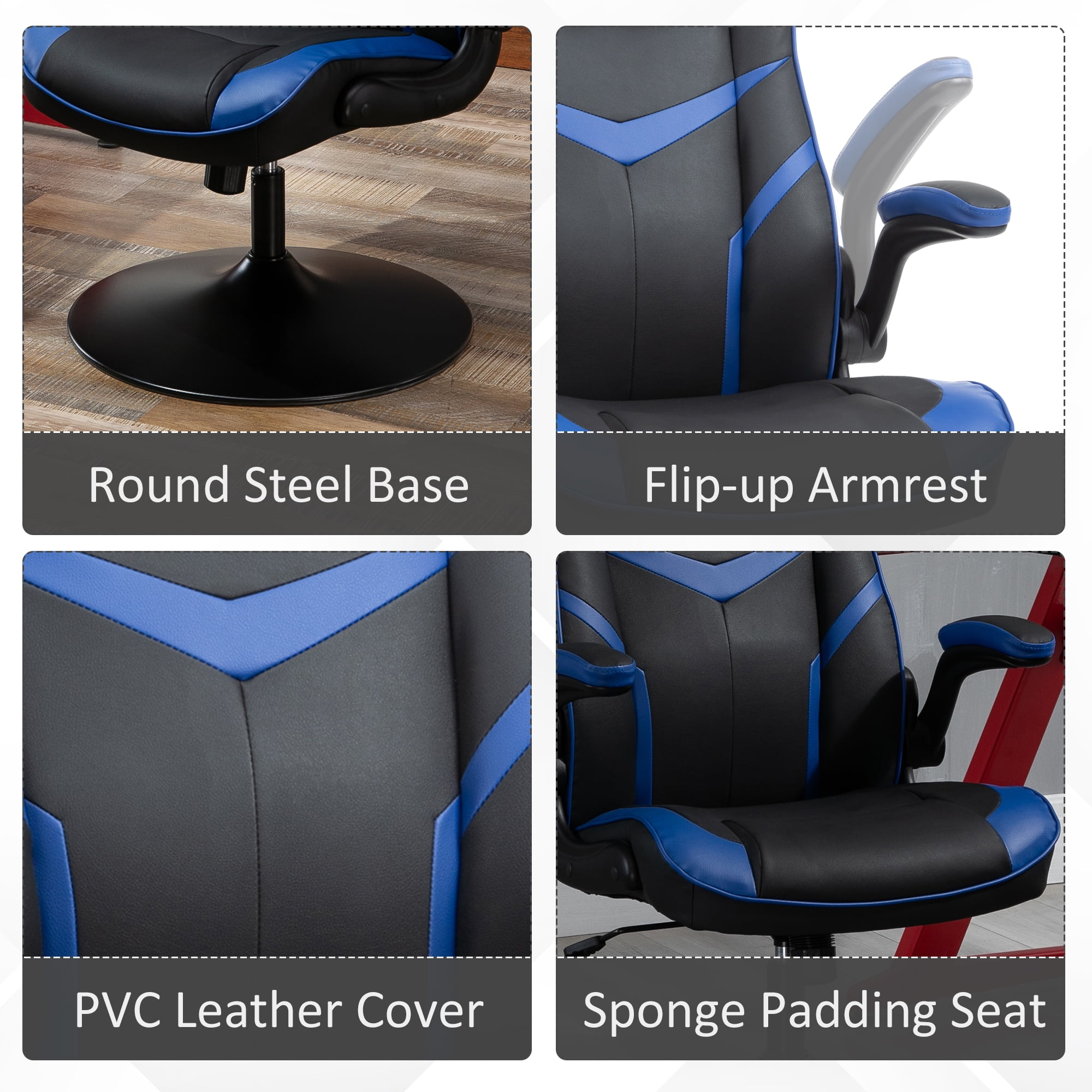 Office Vinsetto High Back Gaming Chair Height Adjustable Flip Armrest 360 Swivel Furniture Chairs Stools Swivel Office Furniture Chairs Stools, Round Base Gaming Chair