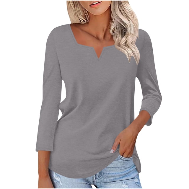 aidice Tops for Womens Casual Notched Neck 3/4 Sleeve Tees Comfy Fitting Solid Color Shirts Size S-Xxl