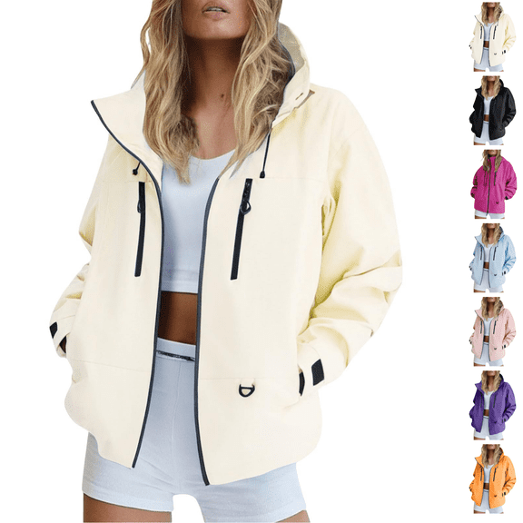 Utoimkio Women's Lightweight Outdoor Hooded Rain Jacket,Full Zip Long Sleeve Windproof Coat with Pockets Spring Fall Outerwear Size S-XXL