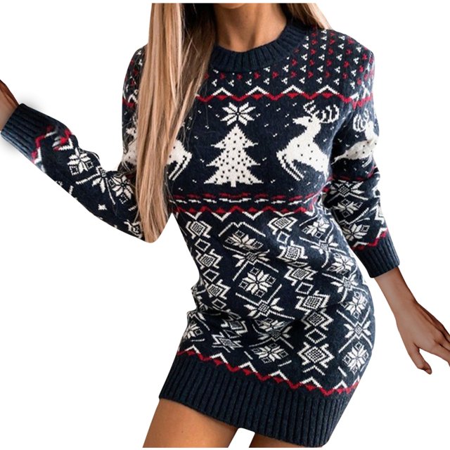 CEHVOM Robe Chandail de Noël pour Femme à Col Rond avec Orignal, Décontractée, en Tricot, Ample, à Manches Longues