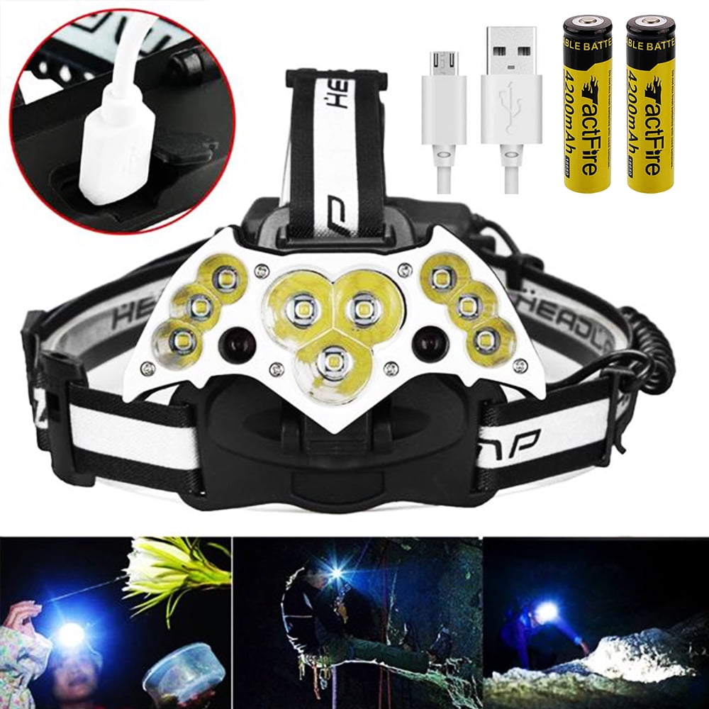 200000LM 9LED Headlamp USB Rechargeable 18650 Headlight Torch Lamp+Cable+Battery 