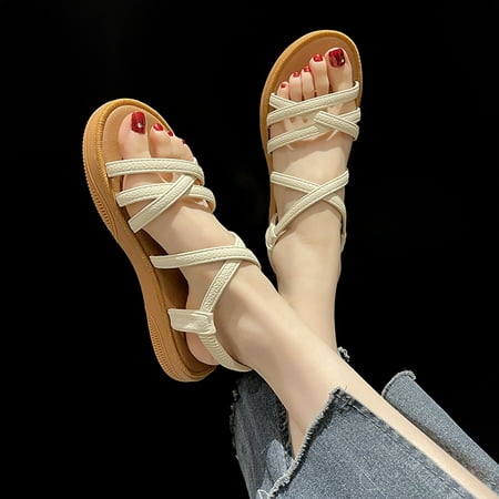 

XIAQUJ 2023 Summer New Flat Elastic Band Soft Sole Ladies Fashion Casual Sandals Sandals for Women White 7.5(40)
