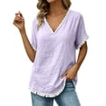 thumbnail image 7 of TGSLY Women's Fringe Trim Linen Tops Lightweight Soft V Neck Short Dolman Sleeve Blouses Loose Fit Dressy Casual Solid Color Tshirts M, 7 of 7