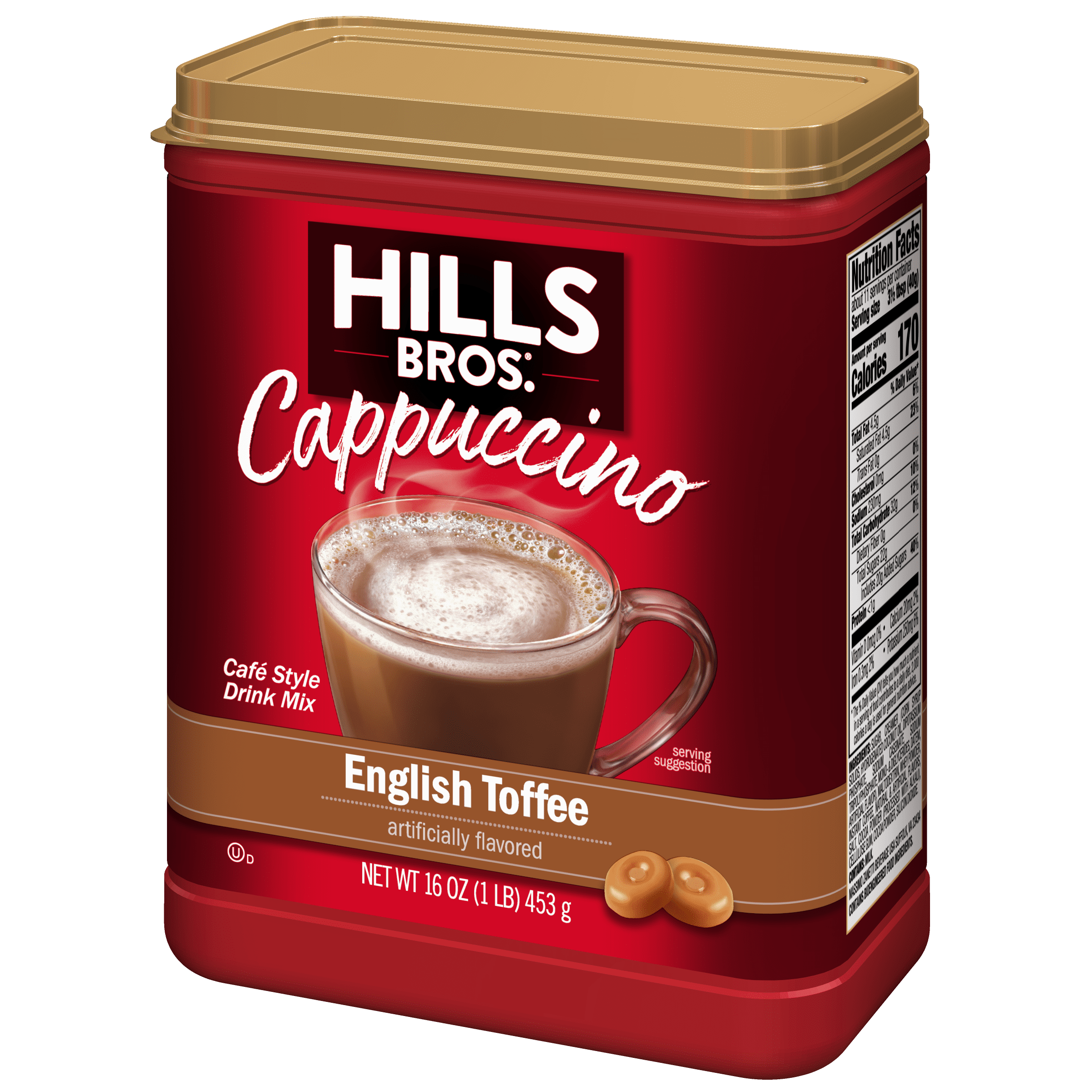 (4 pack) Hills Bros. English Toffee Cappuccino Instant Coffee Mix, 16 Ounce Canister