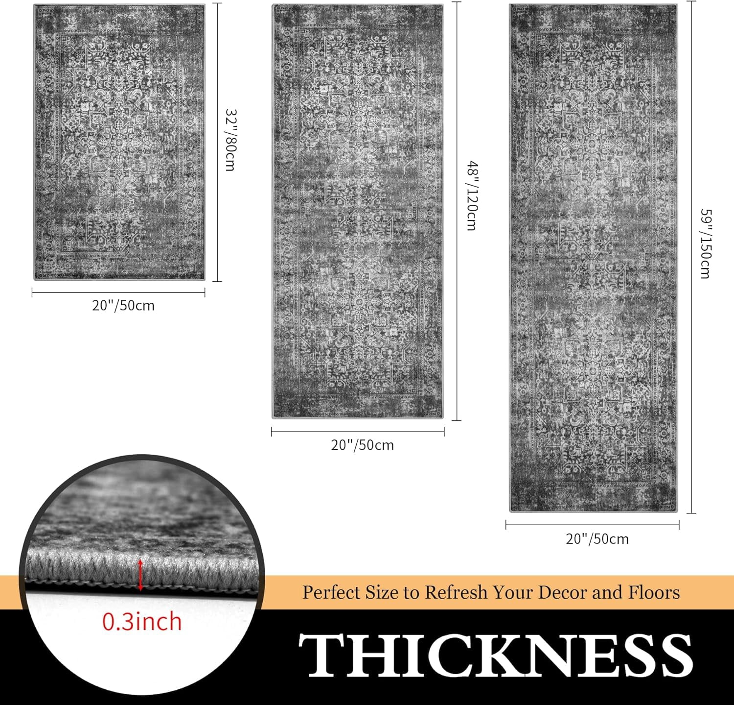 Kitchen Rugs Sets of 3 Non Slip Washable Kitchen Mats for Floor 3 Piece Set Blueish Black Kitchen Mat Set Boho Runner Carpets Absorbent for Laundry Room Hallway Sink Front Door