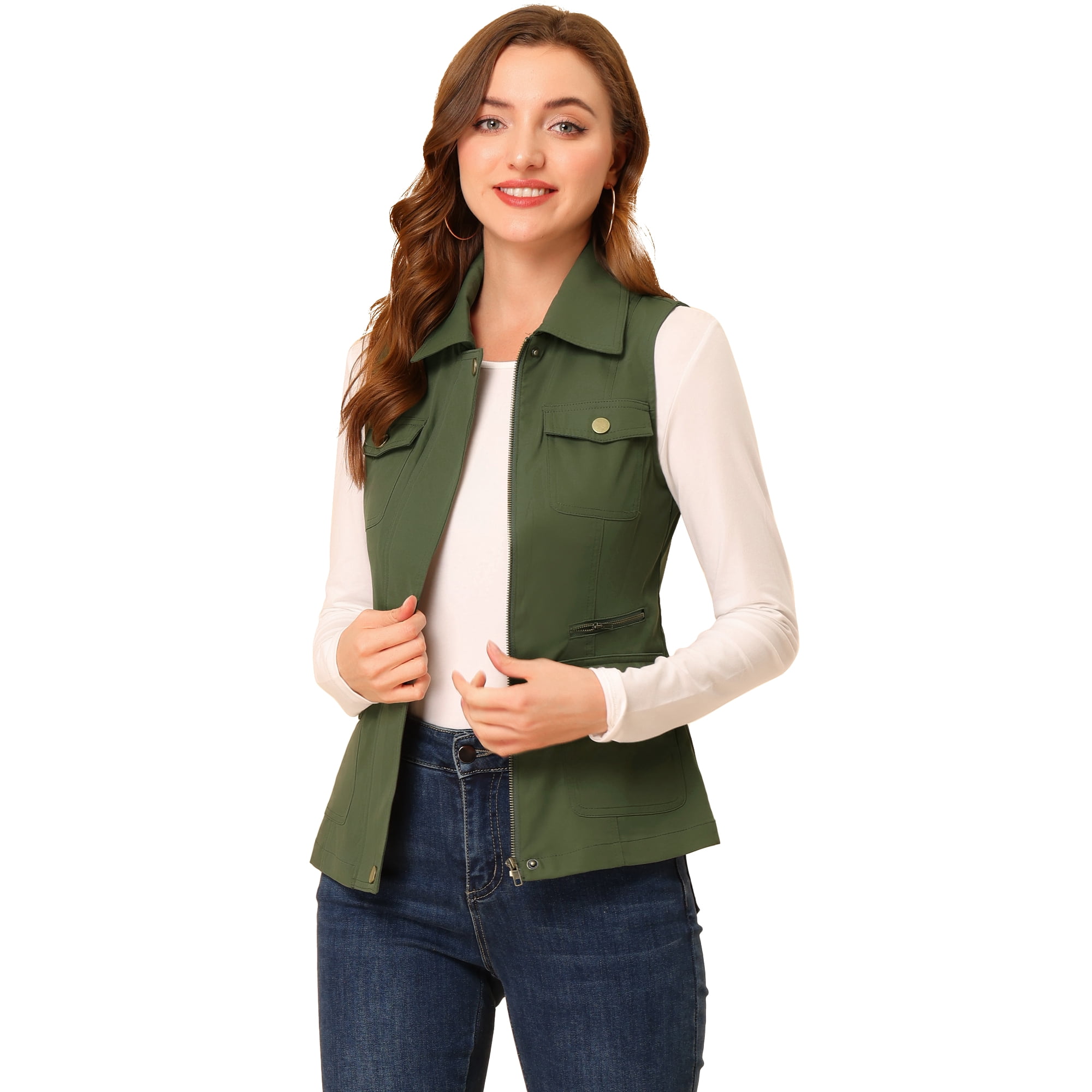 Unique Bargains Women s Zip Up Jacket with Pockets Sleeveless Anorak Utility Vest