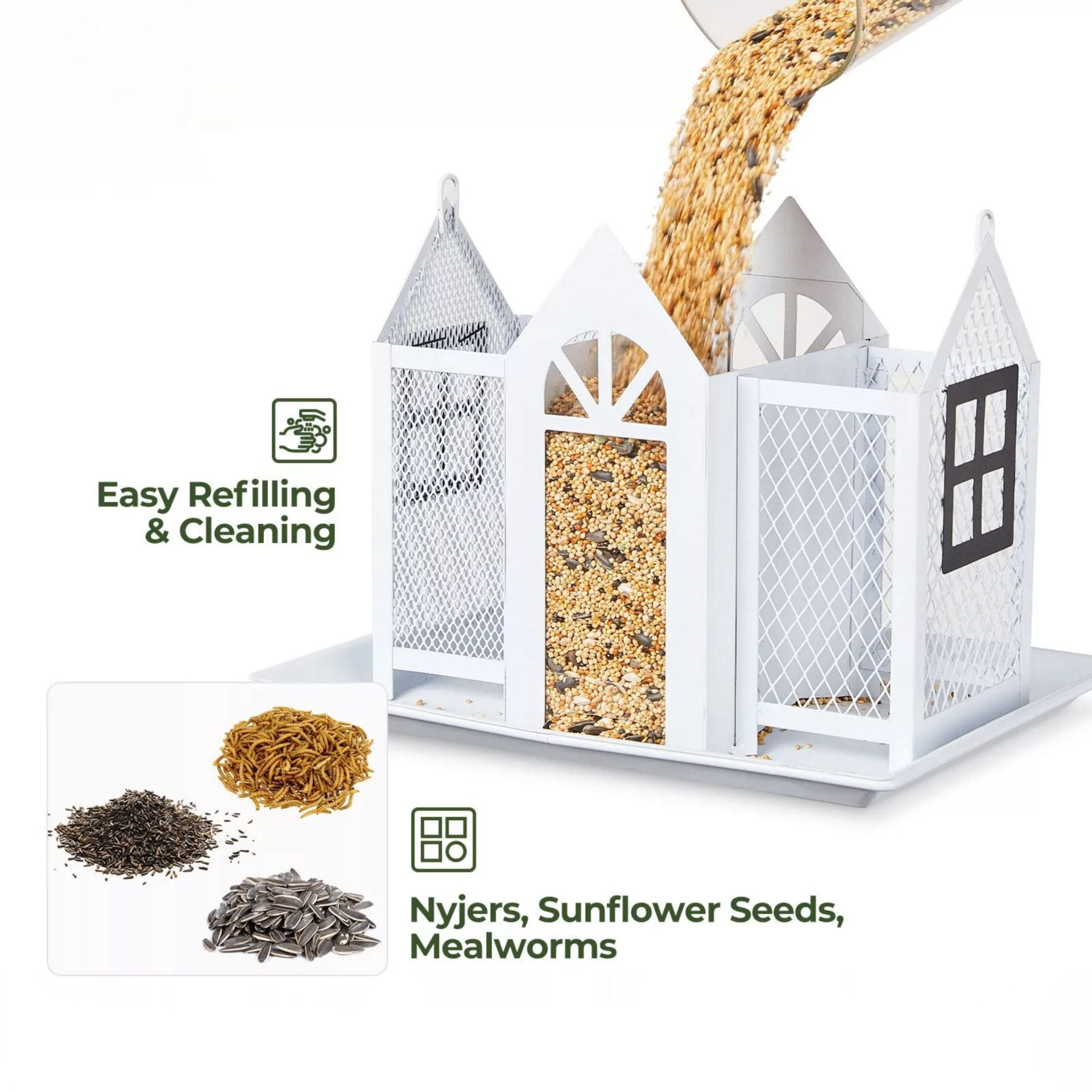 Hanging Bird Feeders for Outside, Bird Houses for Outdoor, Metal Mesh Wild Bird Feeder for Finch Cardinal Chickadee, Yard Decoration, Weatherproof and Durable White