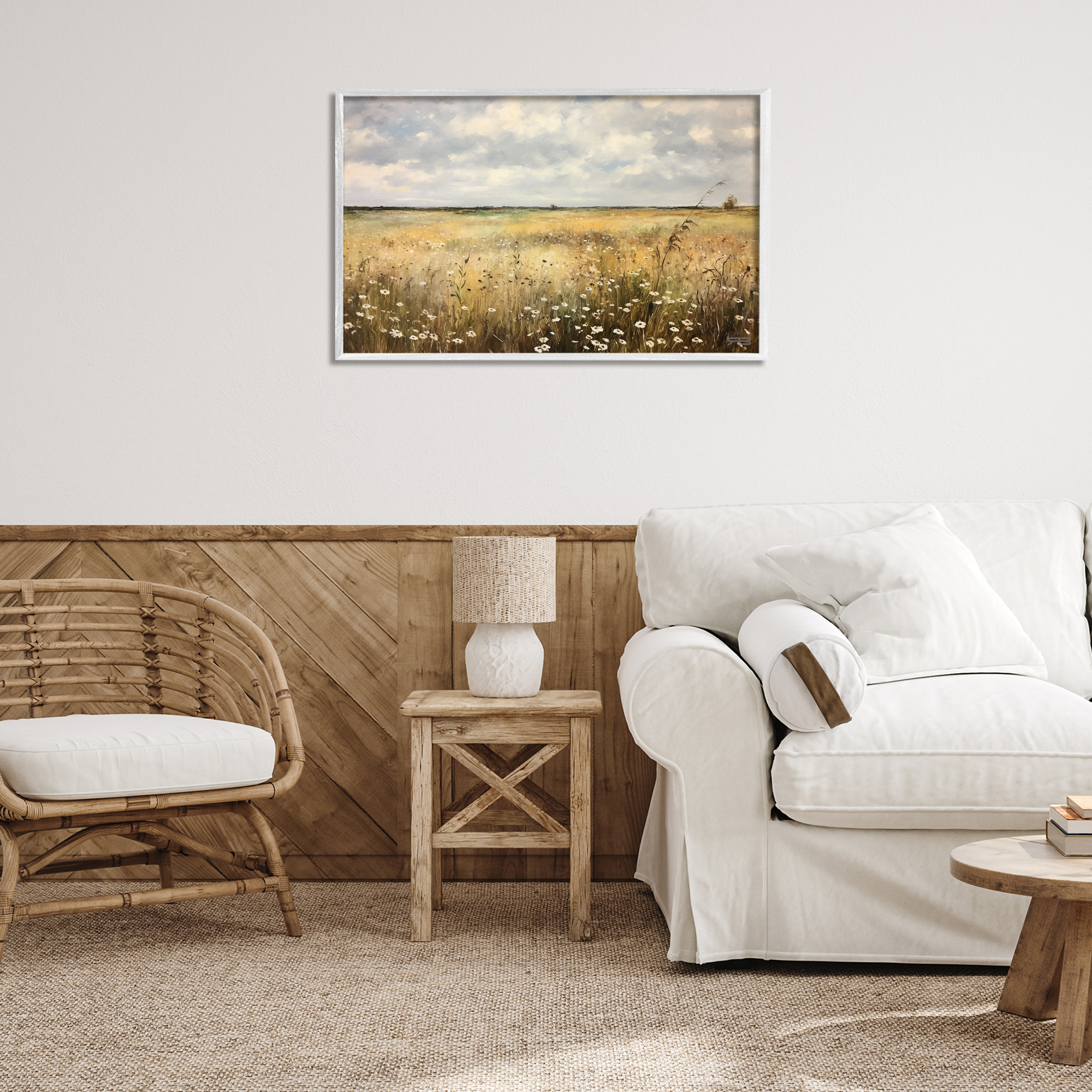 Stupell Industries Traditional County Field Landscape Painting White Framed Art Print Wall Art, 30 x 20