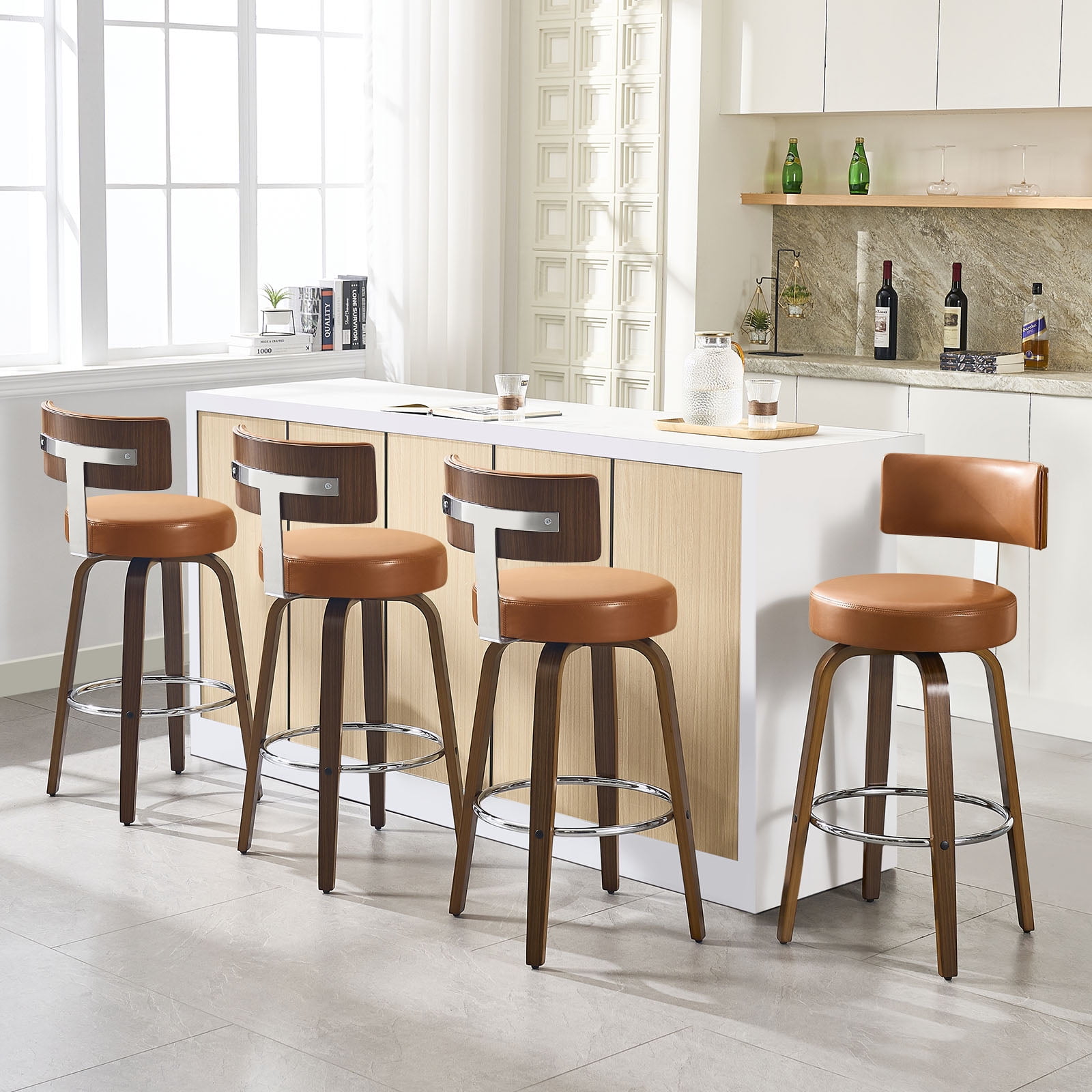ANMINY Bar Stools Set of 2 360° Swivel with Back and Round Seat PU Leather Barstools 29" Bar Height Upholstered Bar Chairs Island Stools for Kitchen Counter