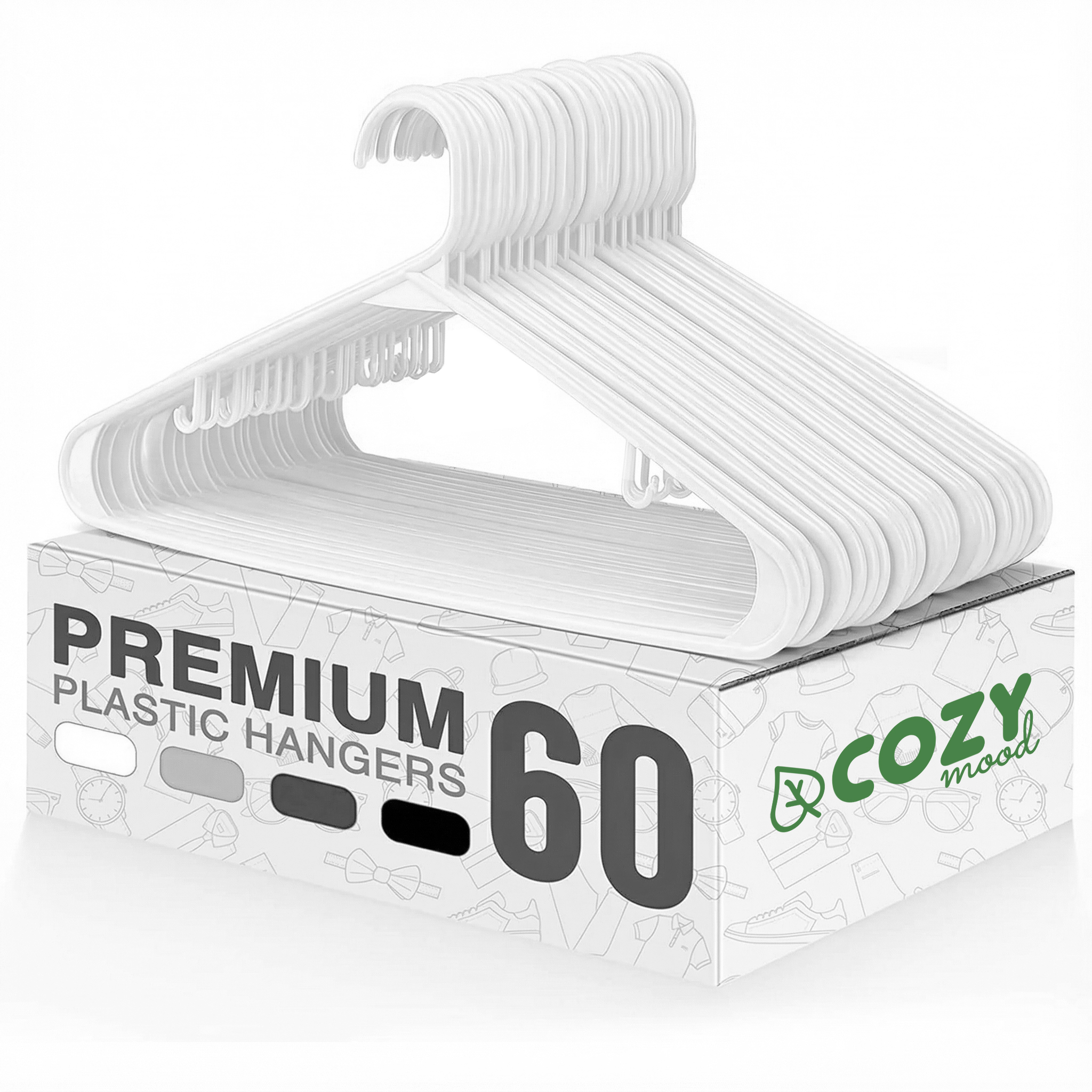 Cozymood Plastic Hangers, 60-Pack, White Space-Saving