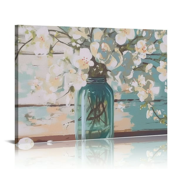 Shadudu Farmhouse Wall Art Blooms In Mason Jar Floral Wrapped Canvas, 24" x 36" 36x24in