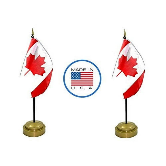 2 Canada Miniature Desk & Hand Waving Flags Set - Includes 2 Rayon 4"x6" Flags, 2 Bronze Stands, and 2 Mini Canadian Stick Flags