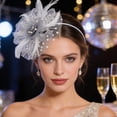 thumbnail image 2 of Gray Pearl Fascinator Headband for Women Vintage Fascinator Hat for Weddings Tea Party with Feathers Pearls Mesh, 2 of 6