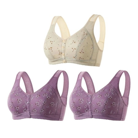 Mrat Padded Sports Bra 3pc Front Closure Everyday Sports Bras  Front Button Bra  Convenient Snap Sleep Bra  Women Comfort Wireless Cotton Bras S-152 Khaki XXL