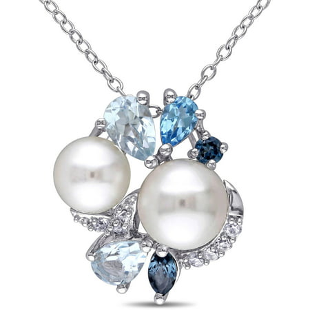 Tangelo (6.5-7mm), (7.5-8mm) White Round Cultured Freshwater Pearl with 1-3/4 Carat Created White Sapphire, Sky, London and Swiss Blue Topaz Sterling Silver Multi-Stone Fashion Pendant, 18