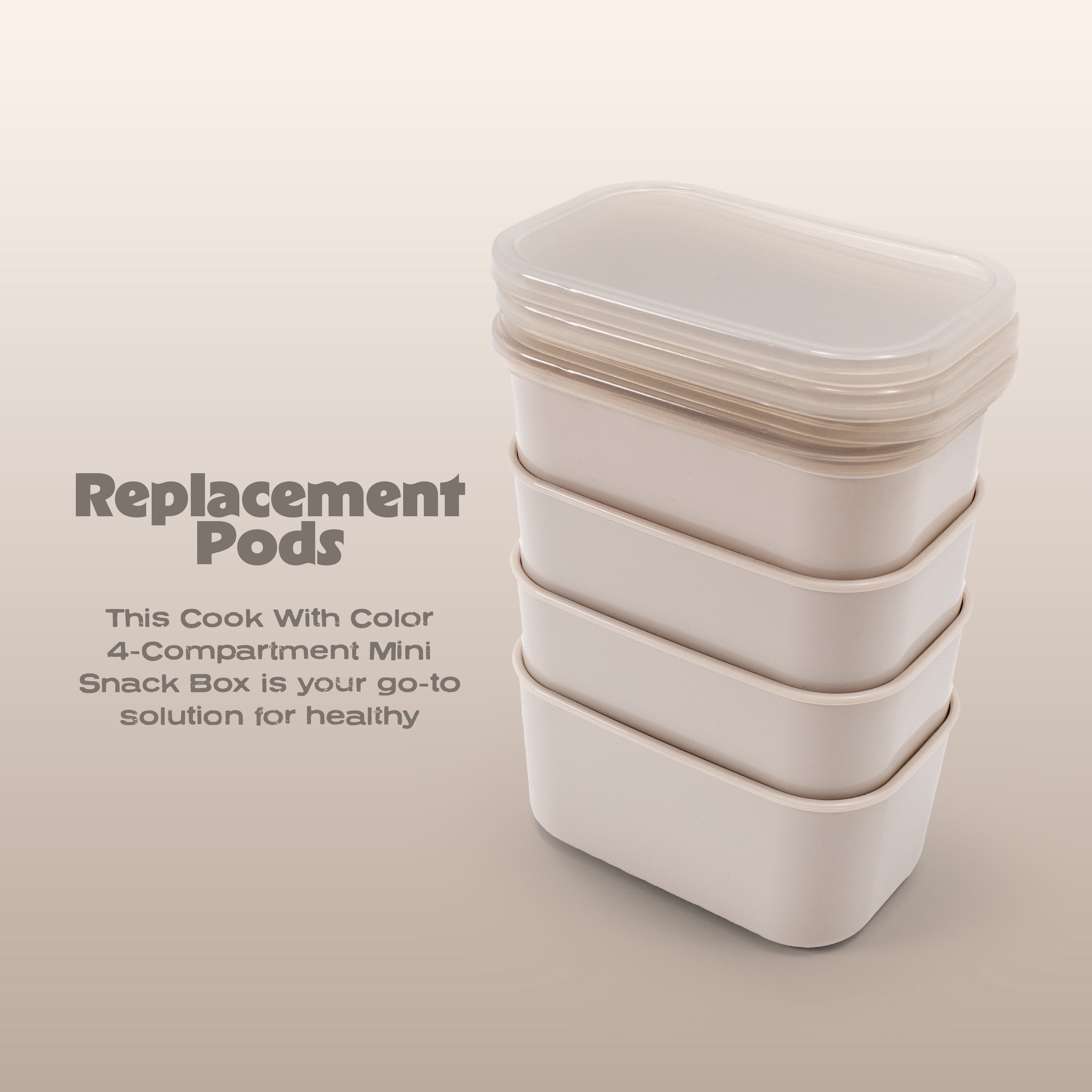 (2 pack) Cook with Color 4 Piece Snackle Box Pods with Lids, Taupe, Portable and Dishwasher Safe, Well Suited for Sauces, Snacks, and Small Lunch Items