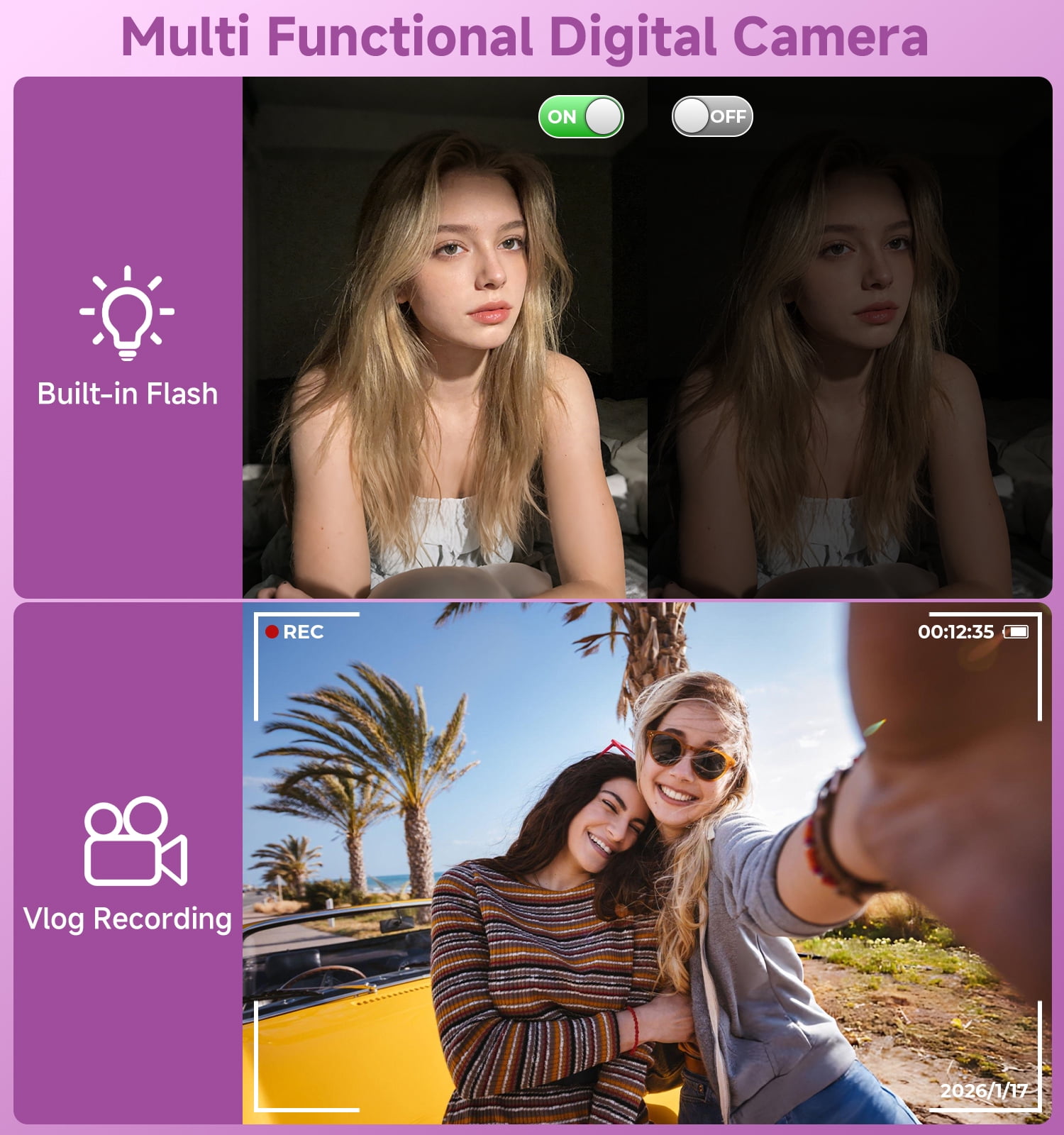 KEEPBERRY 2026 Upgraded 56MP Dual Screens Digital Camera, Compact Cameras Built-in Battery with 16X Zoom Auto Focus Travel Cameras with Smile Capture 32GB SD Card Anti Shake for Kids Teens(Purple)
