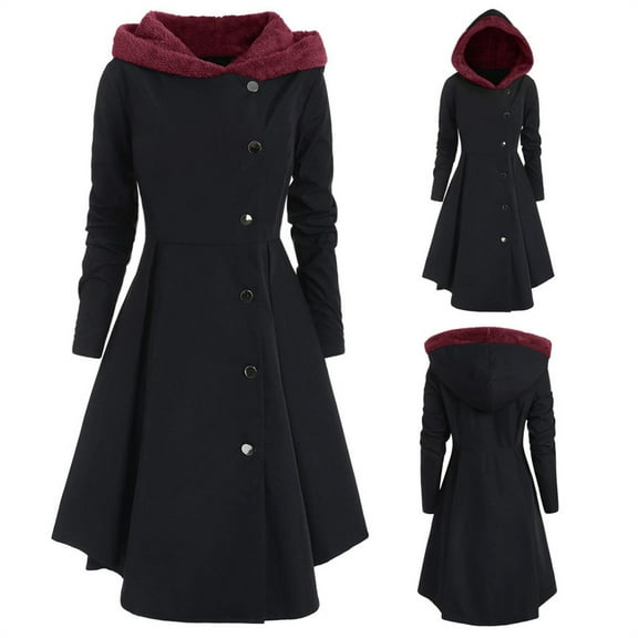 Women's Plus Size Hooded Coat, Asymmetrical Button Front Trench, Draped Hem Fleece Lined Jacket, Long Sleeve Winter Coat, Oversized Duster Black XXL