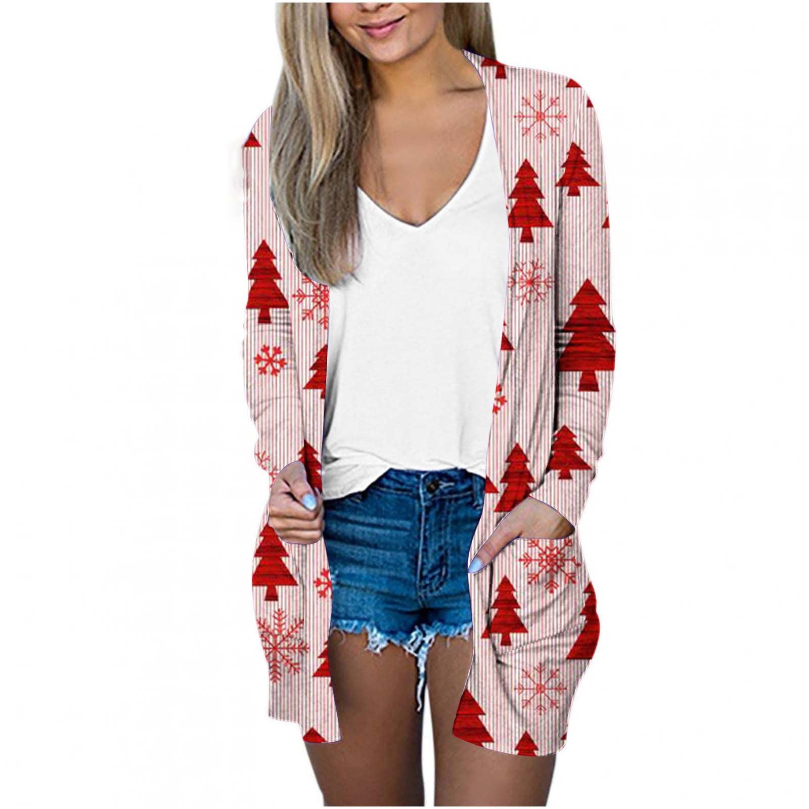 REORIAFEE Women Christmas Cardigan Reindeer Printed Sweater Ugly Cardigan Sweater Christmas Long