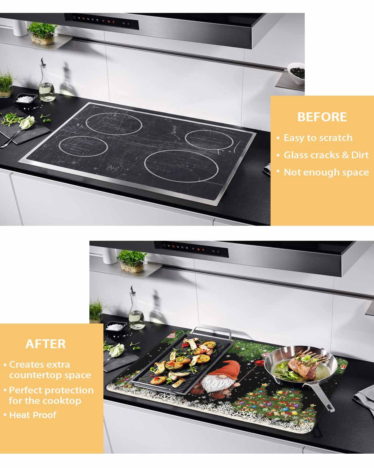 Large Induction Cooktop Protector Mat Black Gnomes Christmas Stove Top Covers for Electric Stove, Xmas Tree Balls Snowflake Decorative Stove Burner Cover Mats, Glass Top Stove Cover