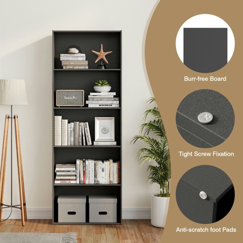 Spaco 5-Shelf Storage Bookcase Modern Multi-Functional Display Cabinet Furniture-Black, Tall Bookshelf, Shelves for Living Room, Home Office, Bedroom, Balcony