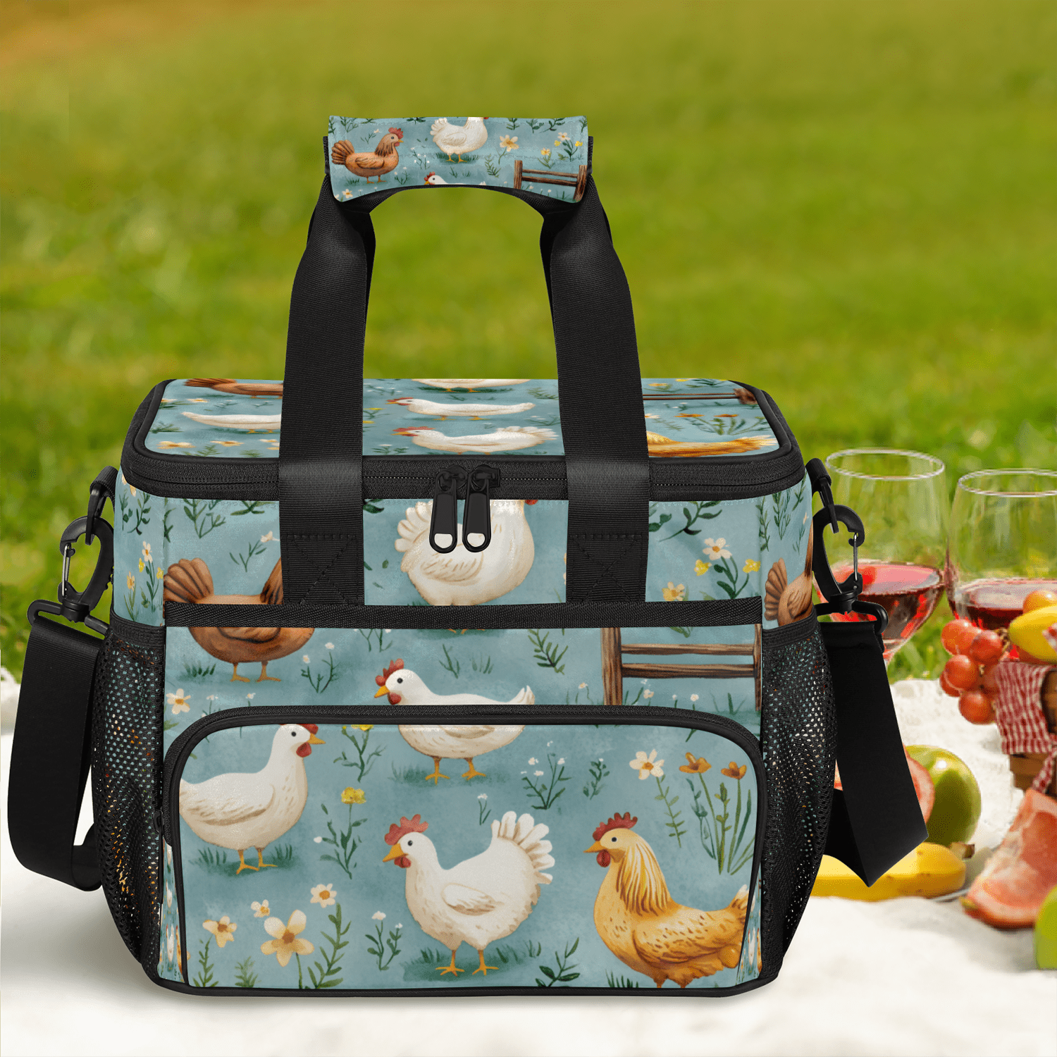 Herdesigns Chicken Large Insulated Lunch Box for Adults Women Men with Adjustable Shoulder Strap, Animal Reusable Cooler Lunch Bag for Offices Picnic Hiking Beach