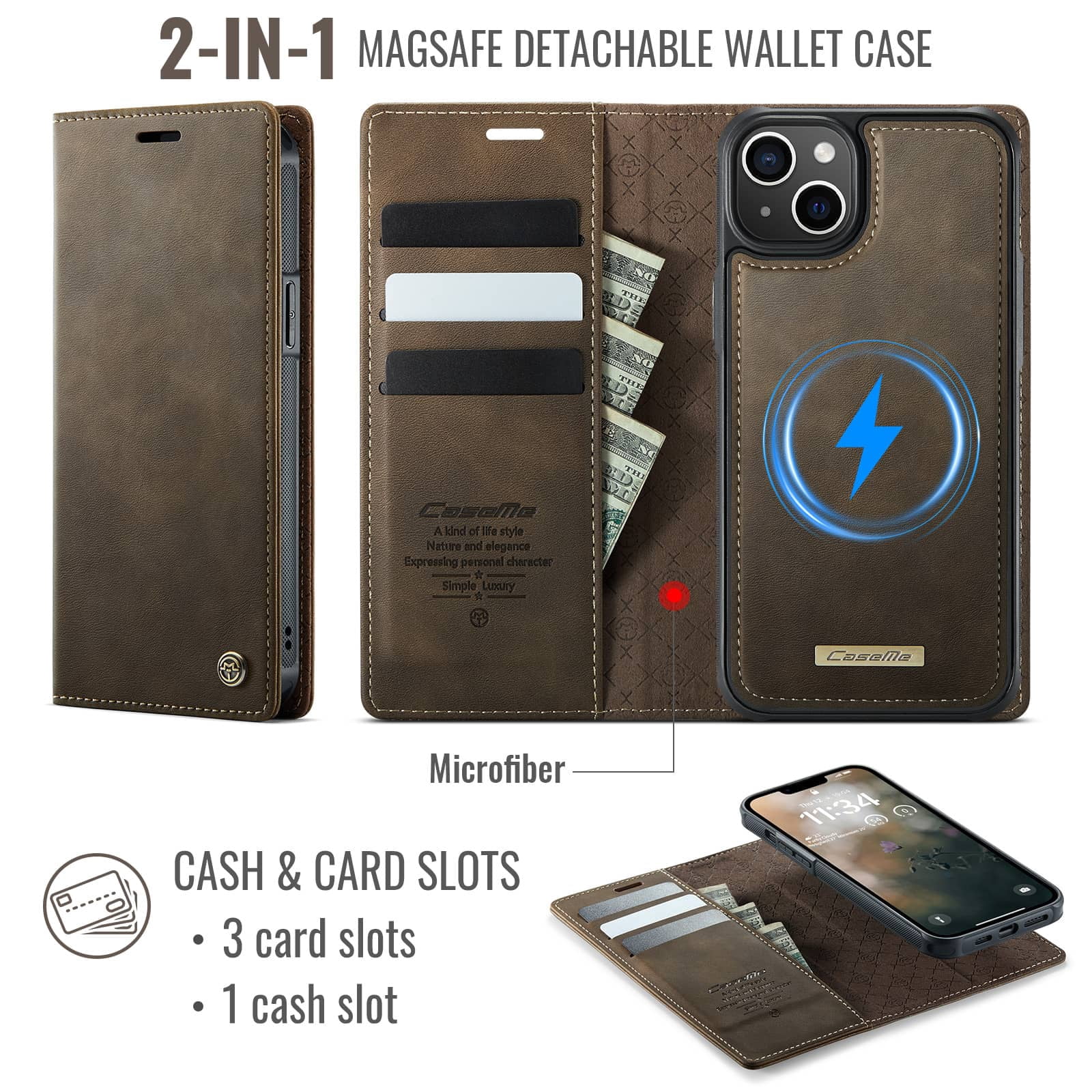 Magnetic 2 in 1 Magsafe Detachable Wallet Case for iPhone 14 with Card Holder Women Men, Retro PU Leather【RFID Blocking】Kickstand Shockproof Cover