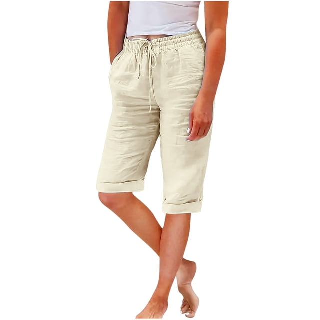 Timegard Shorts for Women Elastic Waist Button Straight Leg Lounge Shorts Solid Color Knee Length Pants
