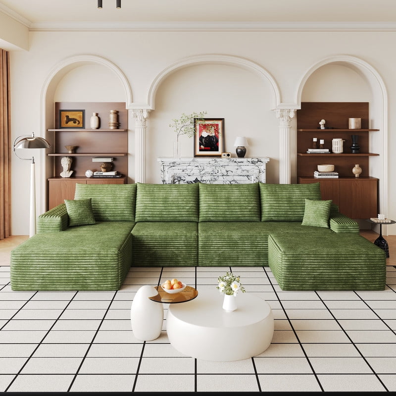 135" Cloud Sectional Sofa with Ottoman, U-Shaped Modular Sofa Couch with Chaise, Modern Minimalist Deep Seat Upholstered Sectional for Living Room, Plush Corduroy Fabric Corner Sofa