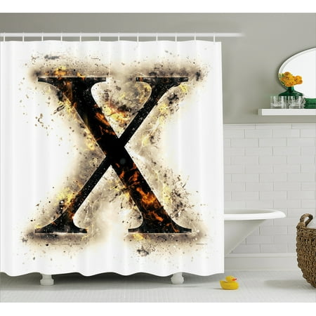 C Shaped Shower - Letter X Shower Curtain, Cross Shaped Letter in Flames Charred Background Capital X Alphabet Print, Fabric Bathroom Set with Hooks, 69W X 70L Inches, Tan Black Orange, by Ambesonne