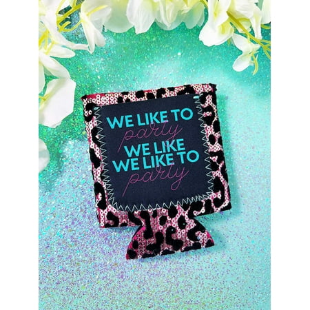 

Peachy Keen We Like To Party Pink Sequin Black Leopard Velvet Regular Can Cooler