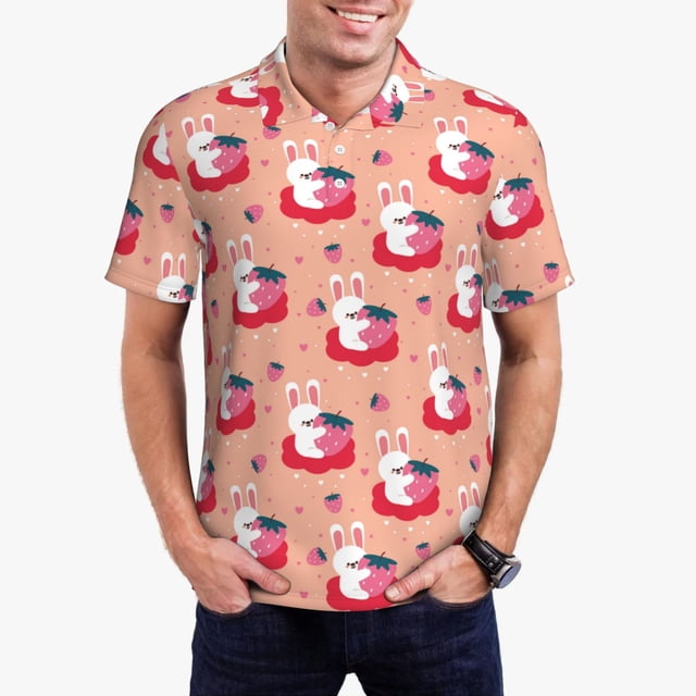 Balery Bunny And Strawberry Camisa Polo de Hombre con Estampado, de Manga Corta y Tejido Medio, Camisa Tipo Golf Polo-X-Large